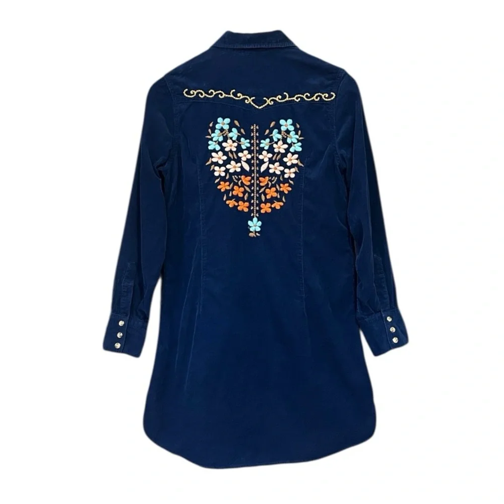Ivy Jane Navy Blue Corduroy Embroidered Pearl Snap Dress Size Small - Picture 3 of 11